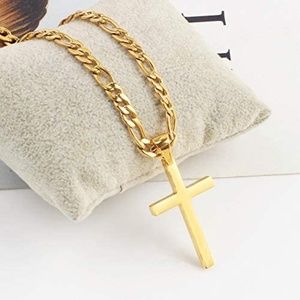 24K Gold Chain Style Cross Pendant Necklace Solid Plated Clasp for Men,Women.